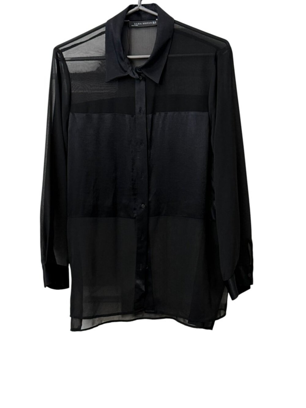 NWOT Zara Woman Mixed Media Semi-Sheer Satin Panel Button Up Long Sleeve Black M - Picture 2 of 15